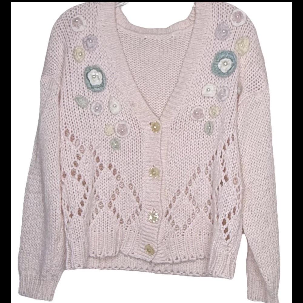 Vintage Knit Peach Embroidered Floral Cardigan Sweater M V-Neck Long Sleeves - Picture 1 of 6